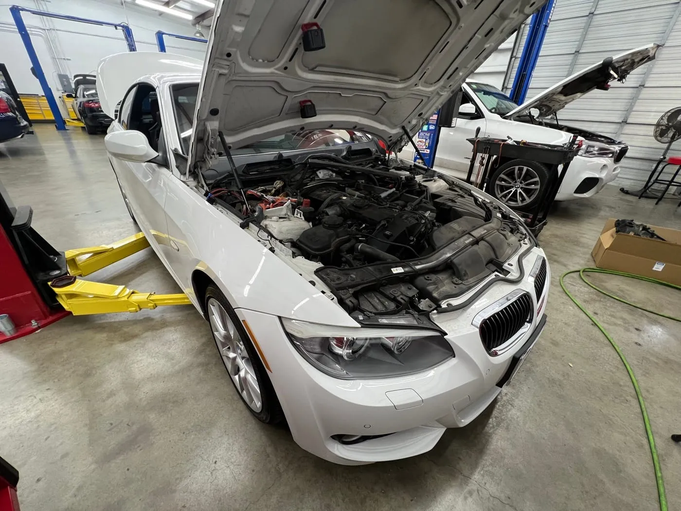 BMW coupe raised on the shop lift